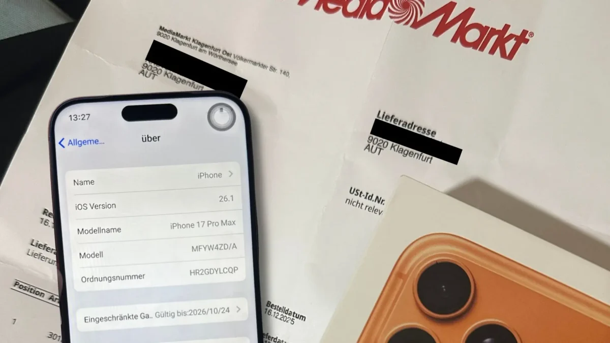 Eine Bildmontage auf 5min.at zeigt die MediaMarkt Rechnung sowie das gefälschte Smartphone.