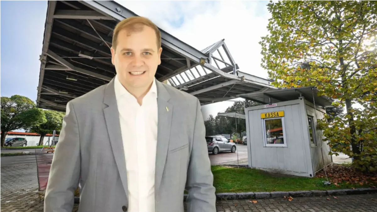 Eine Bildmontage auf 5min.at zeigt Vizebürgermeister Patrick Jonke vor der Magistratstankstelle in Klagenfurt.