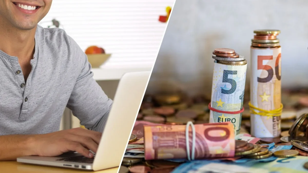 Eine Bildmontage auf 5min.at zeigt einen lachenden Mann, der an einem Laptop sitzt, sowie Euromünzen und -scheine.