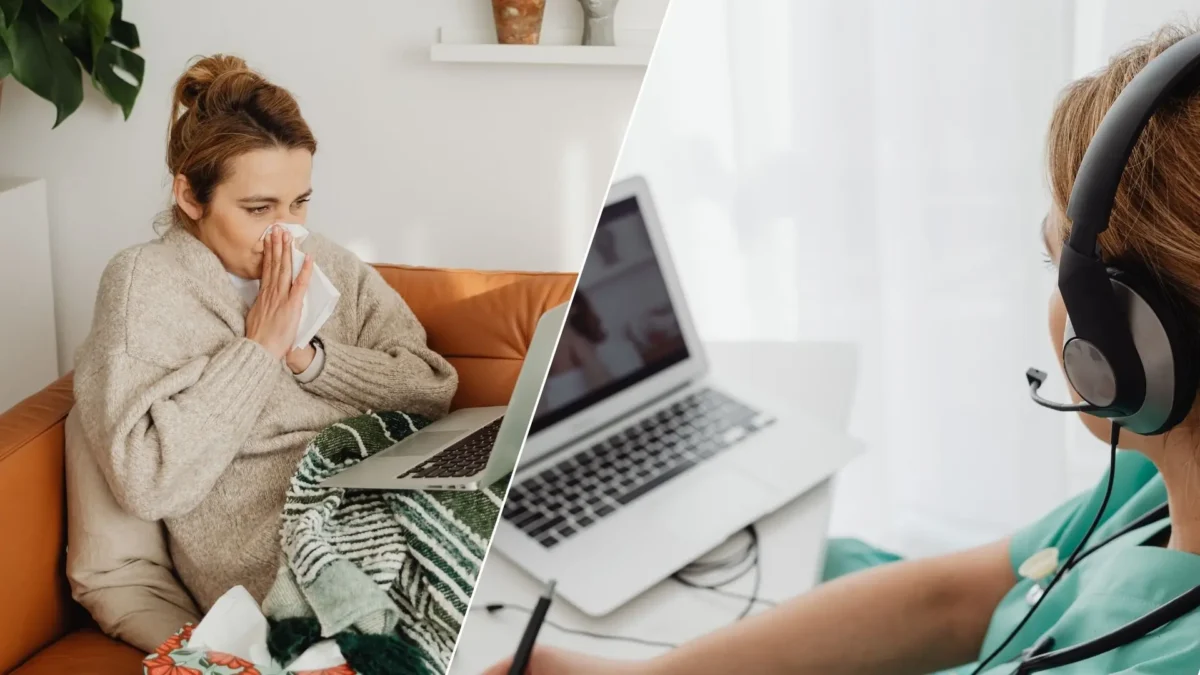 Eine Bildmontage auf 5min.at zeigt eine kranke Frau, die in ein Taschentuch niest und eine Ärztin mit Headset, die auf einen Computer schaut.