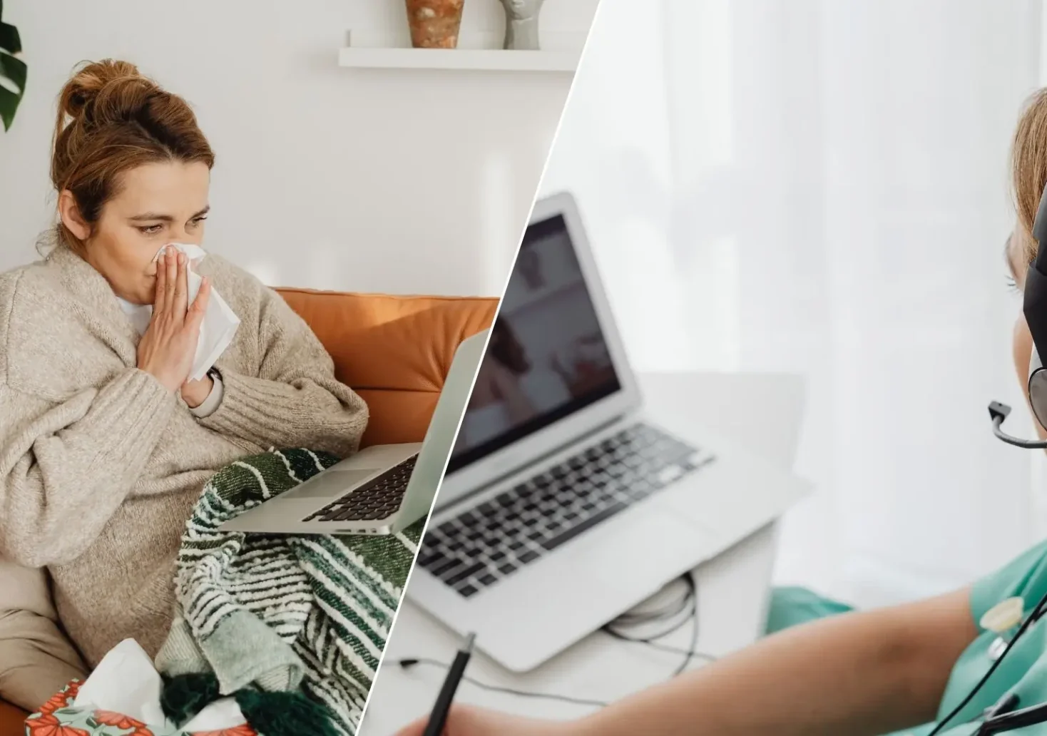 Eine Bildmontage auf 5min.at zeigt eine kranke Frau, die in ein Taschentuch niest und eine Ärztin mit Headset, die auf einen Computer schaut.