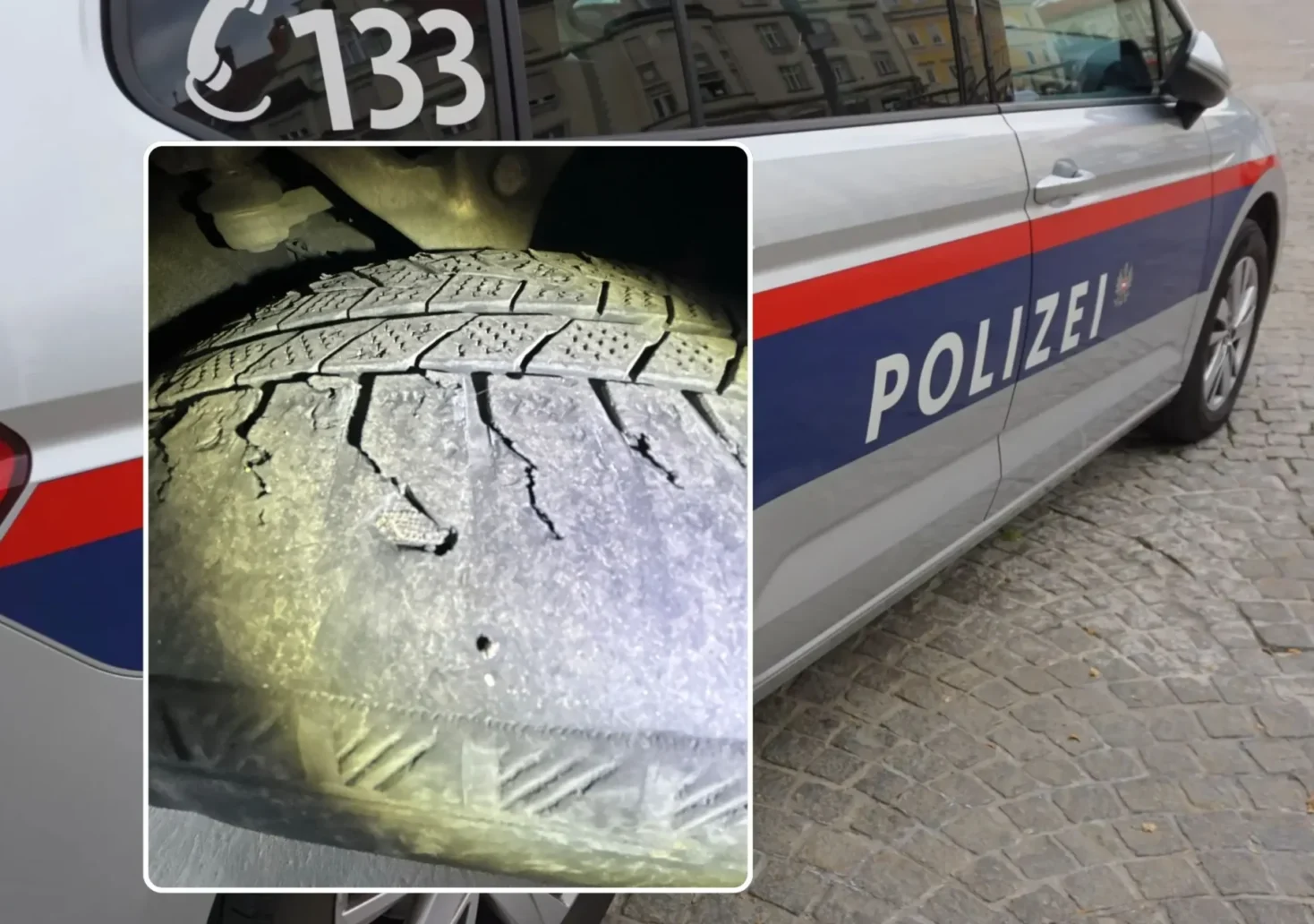 Foto in Beitrag von 5min.at zeigt ein Polizeiauto und einen Reifen im Vordergrund.
