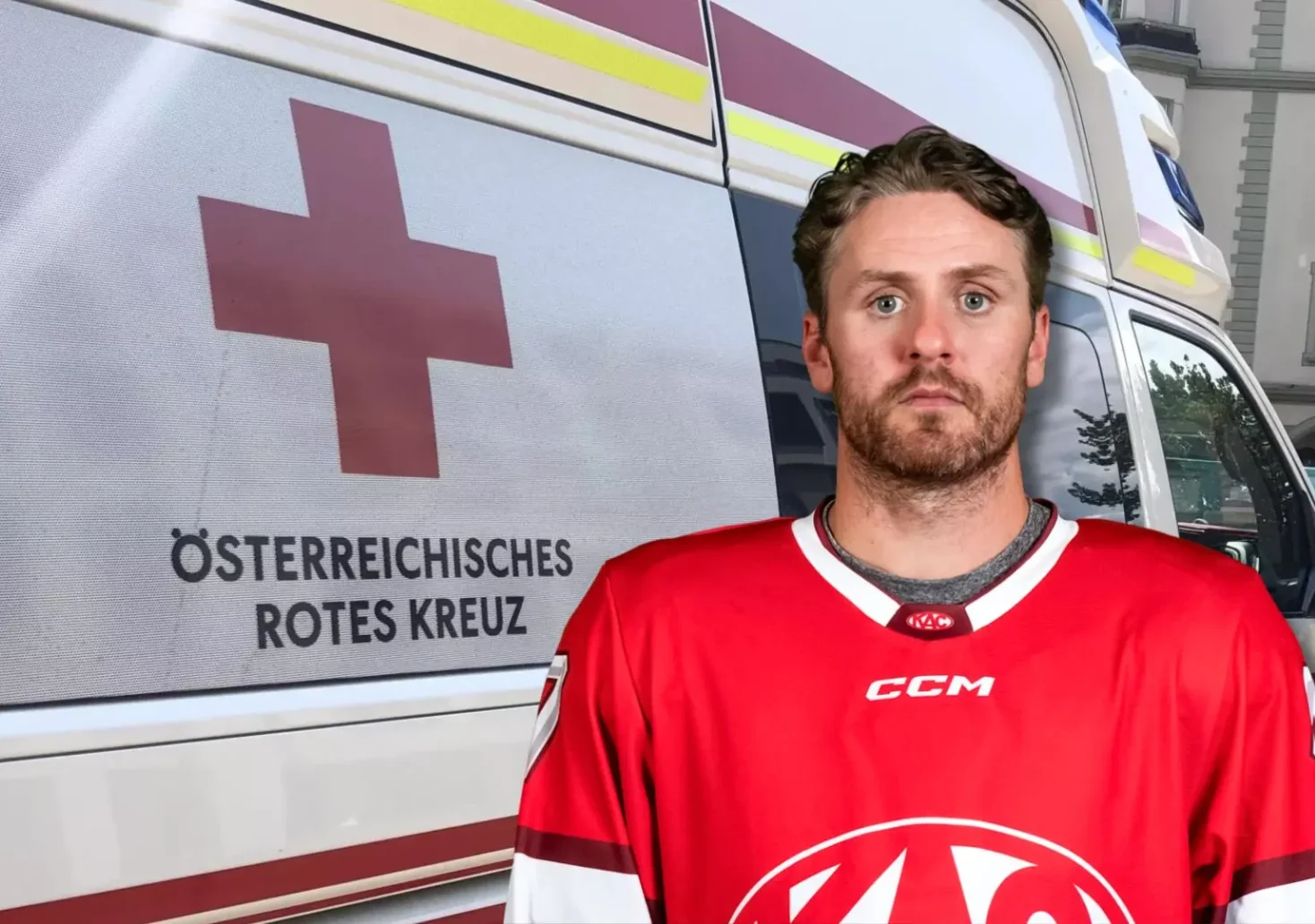 Das Bild zeigt Jordan Murray und ein Einsatzfahrzeug des Roten Kreuzes.