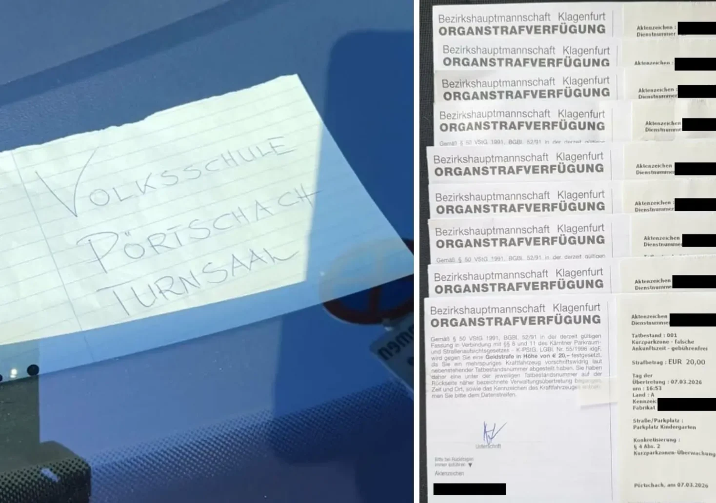 Eine Bildmontage auf 5min.at zeigt, die Zettel, auf denen darauf hingewiesen wird, dass sie im Turnsaal feiern, sowie die Strafzettel.