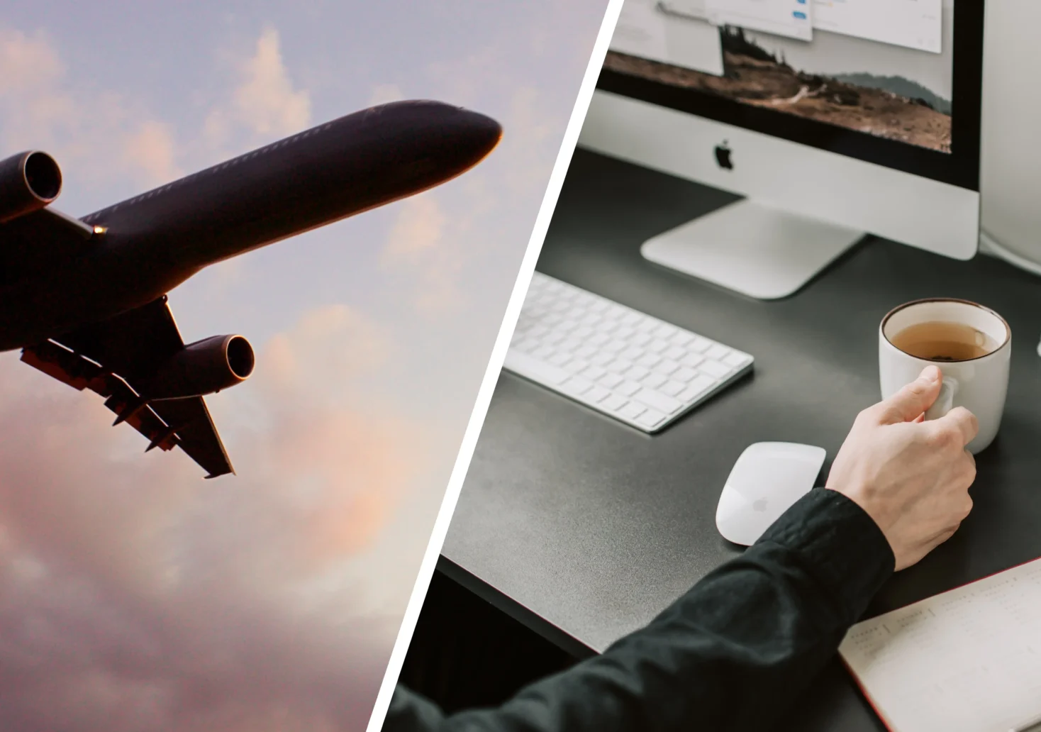 Das Bild auf 5min.at zeigt ein Fllugzeug und eine Person, die an einem Schreibtisch arbeitet.