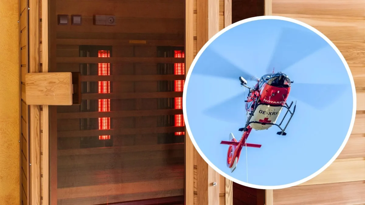 Das Bild auf 5min.at zeigt eine Infrarotkabine und einen Rettungshubschrauber.