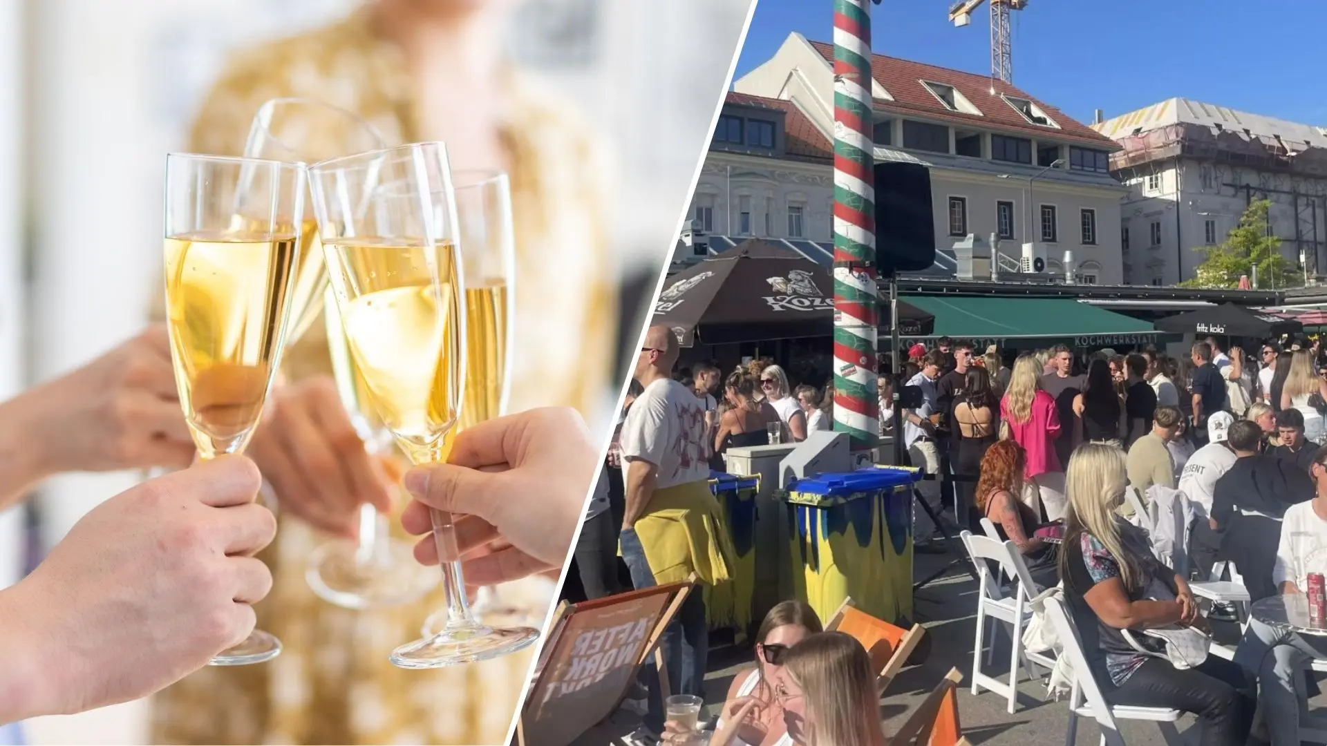 Eine Bildmontage auf 5min.at zeigt Personen, die sich mit Sektgläsern zuprosten und den After Work Markt in Klagenfurt.
