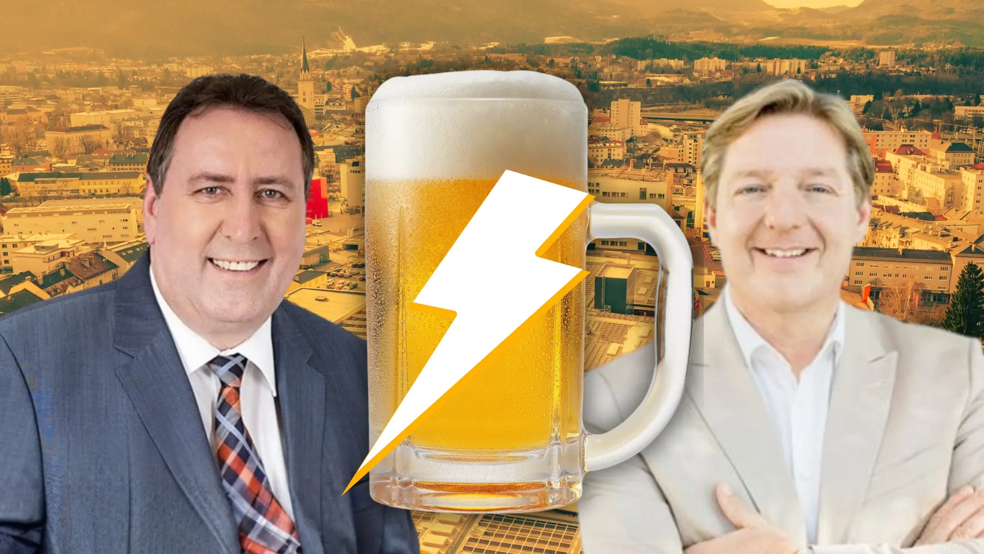 Eine Bildmontage auf 5min.at zeigt die Stadt Villach im Hintergrund. Davor sind Stadtrat Erwin Baumann und Bürgermeister Günther Albel. Zudem ein Bierkrug.