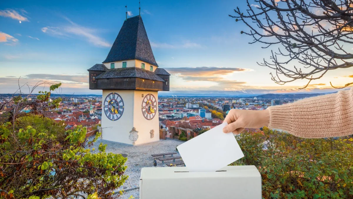 Auf dem Foto von www.5min.at sieht man den Grazer Uhrturm und die Wahl.