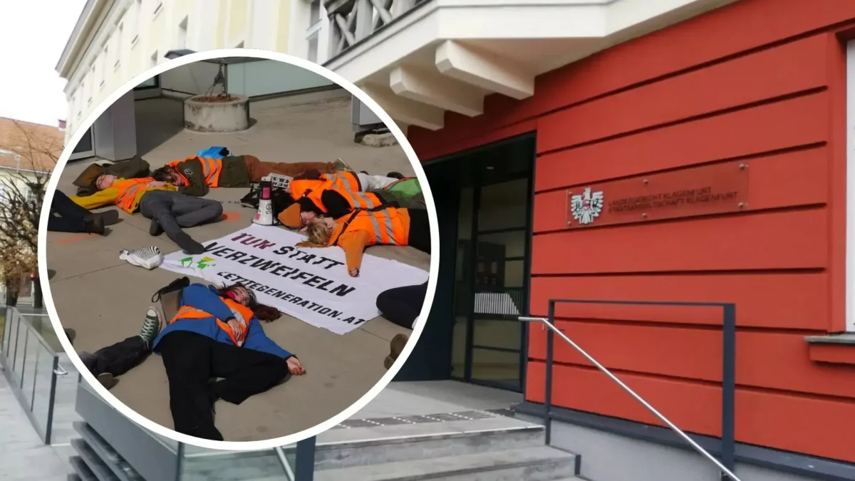 Das Bild auf 5min.at zeigt Aktivisten der Letzten Generation und das Landesgericht Klagenfurt.