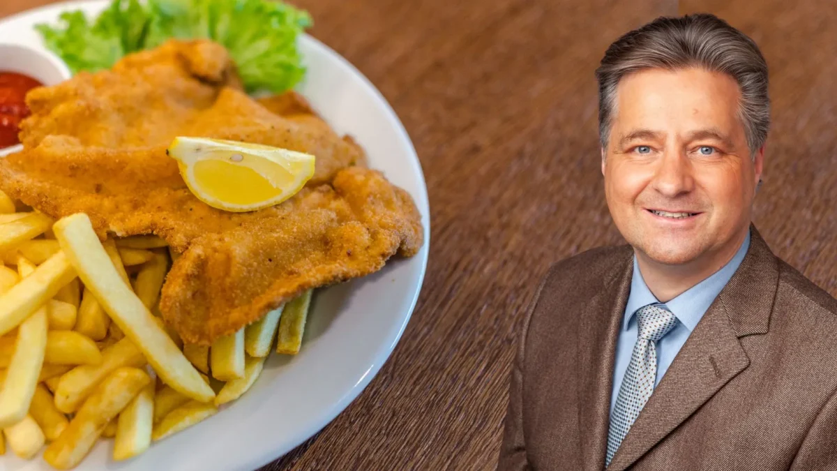 Auf dem Foto von www.5min.at sieht man ein Schnitzel und Rene Apfelknab von der FPÖ.