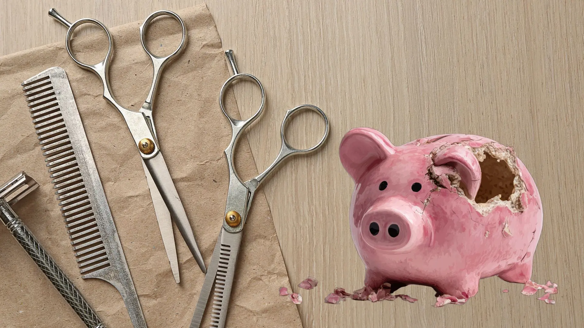 Das Bild auf 5min.at zeigt ein kaputtes Sparschwein und Friseurequipment.