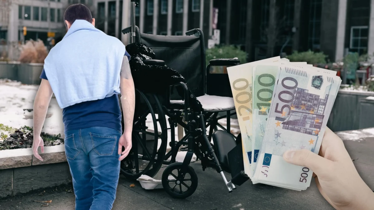 Foto in Beitrag von 5min.at zeigt einen gehenden Mann, einen Rollstuhl und Geld in einer Hand.