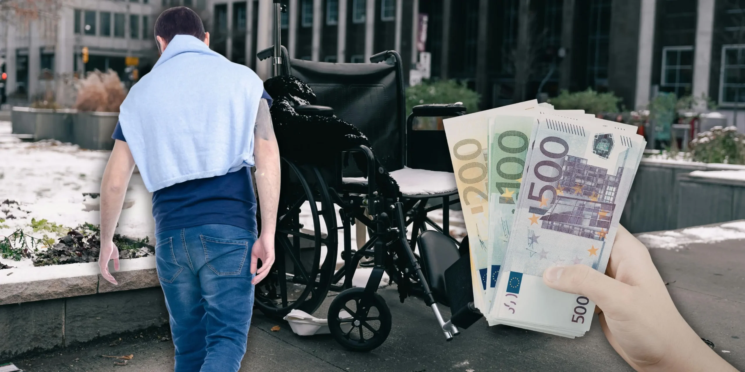 Foto in Beitrag von 5min.at zeigt einen gehenden Mann, einen Rollstuhl und Geld in einer Hand.
