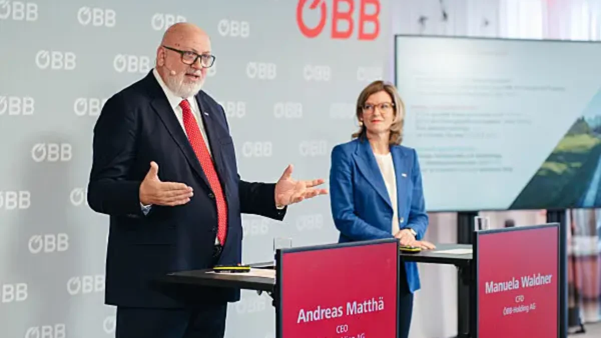 CEO Andreas Matthä und CFO Manuela Waldner bei der Präsentation der ÖBB Bilanz 2025 am 17. April 2026.