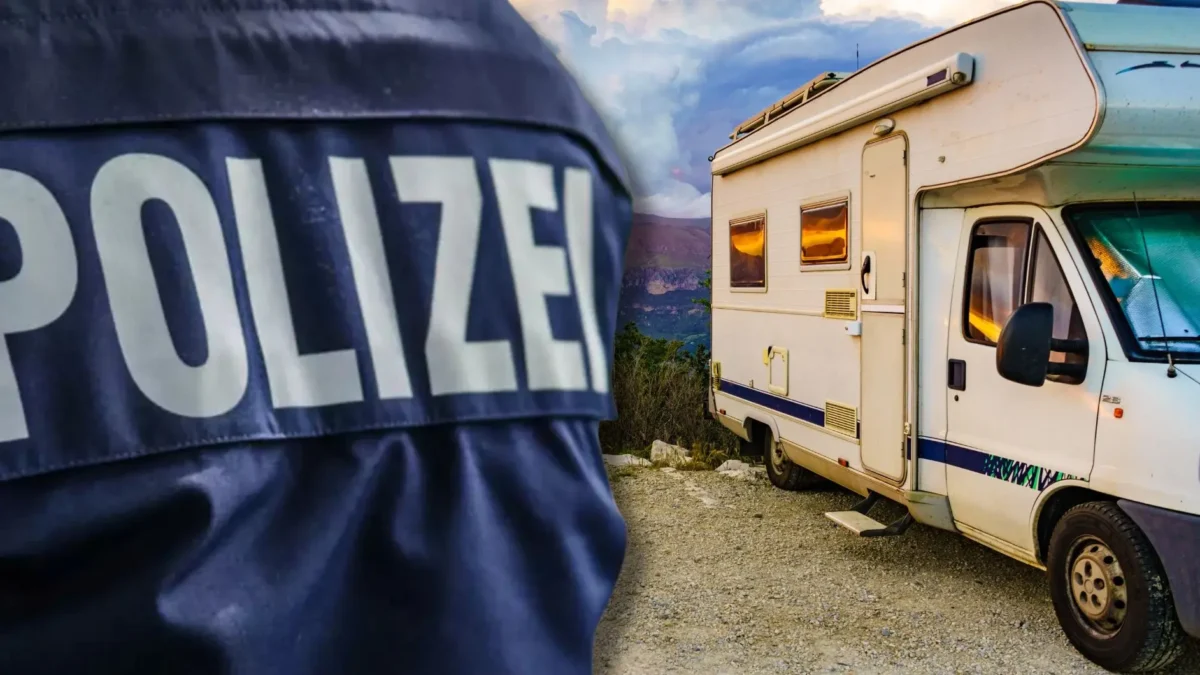 Eine Bildmontage auf 5min.at zeigt einen Polizeibeamten von hinten sowie ein Campingmobil.