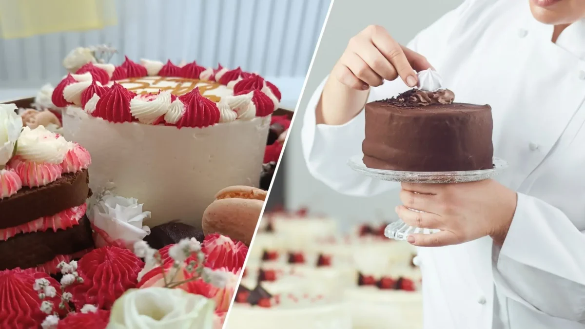 Eine Bildmontage auf 5min.at zeigt verschiedene Torten sowie eine Konditorin, welche gerade eine Torte zubereitet.