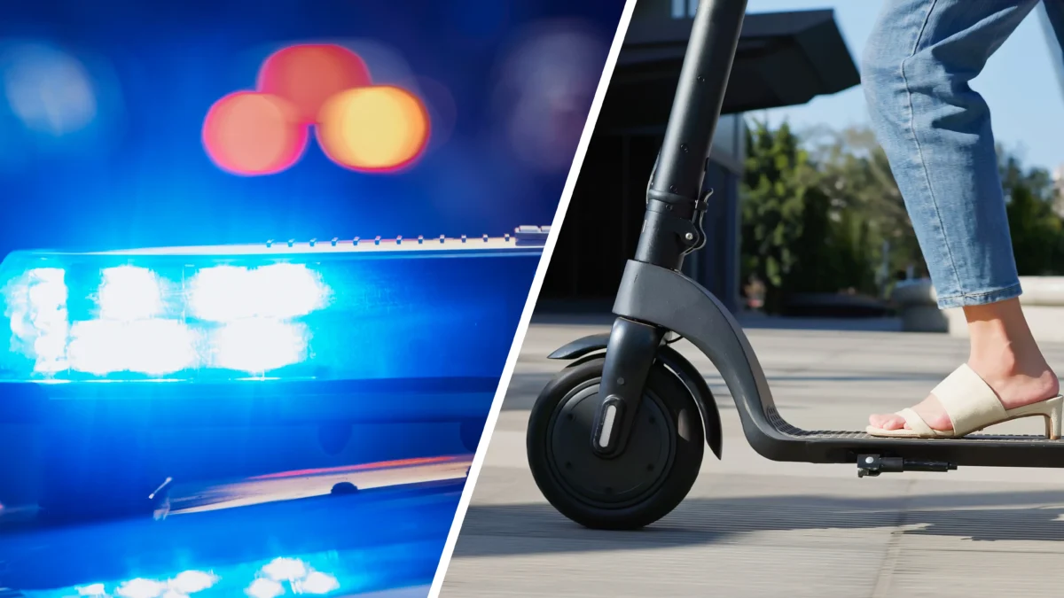Das Bild auf 5min.at zeigt eine Frau auf einem E-Scooter und ein Polizeiauto.