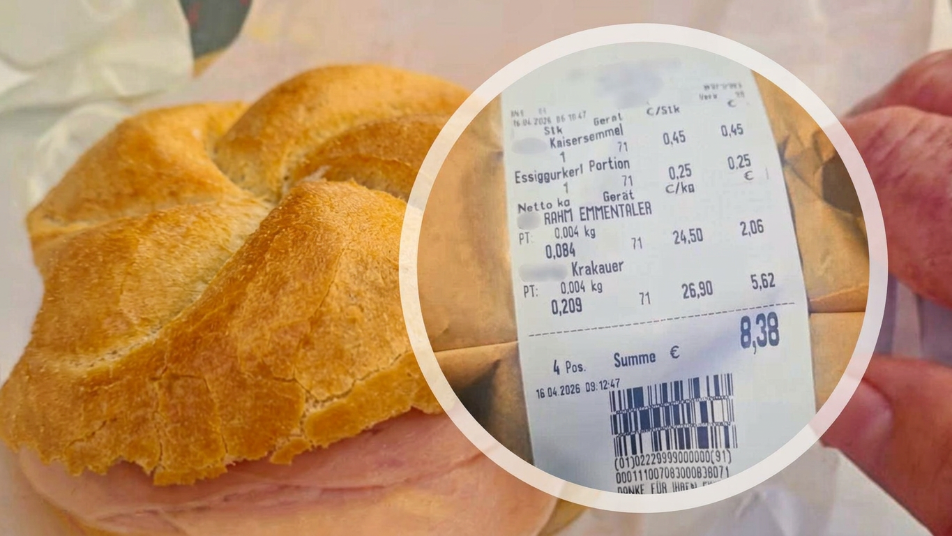Ein Bild auf 5min.at zeigt die Wurstsemmel sowie die Rechnung.