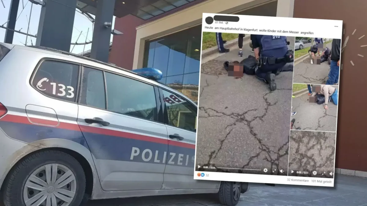 Eine Bildmontage auf 5min.at zeigt einen Streifenwagen am Hauptbahnhof und das Posting.