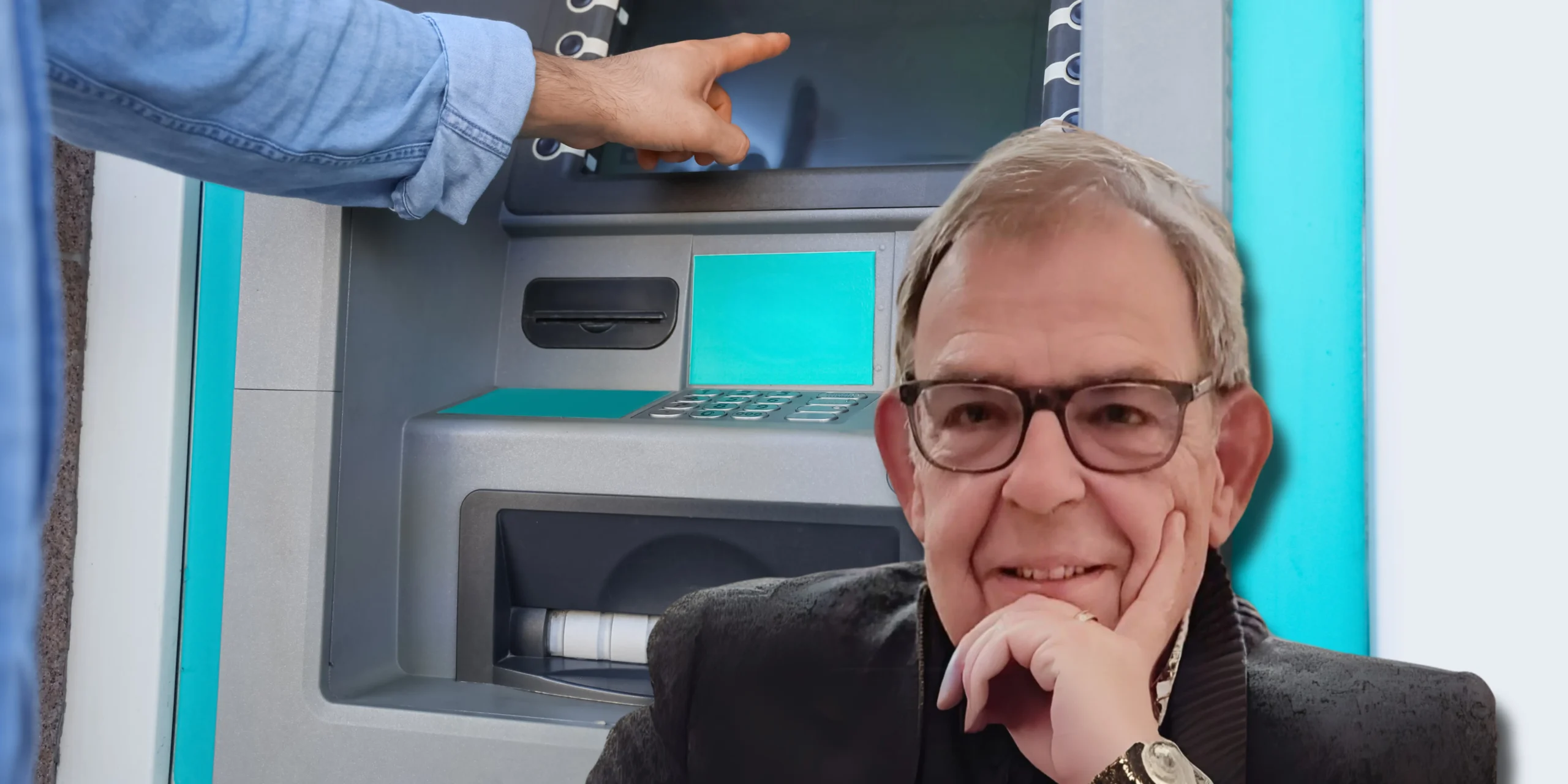 Das Bild auf 5min.at zeigt Fritz Kimeswenger und einen Bankomaten.