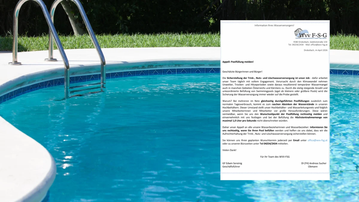 Das Bild auf 5min.at zeigt einen Swimming Pool und einen Appell der Wasserversorgungsverbandes Faaker See.