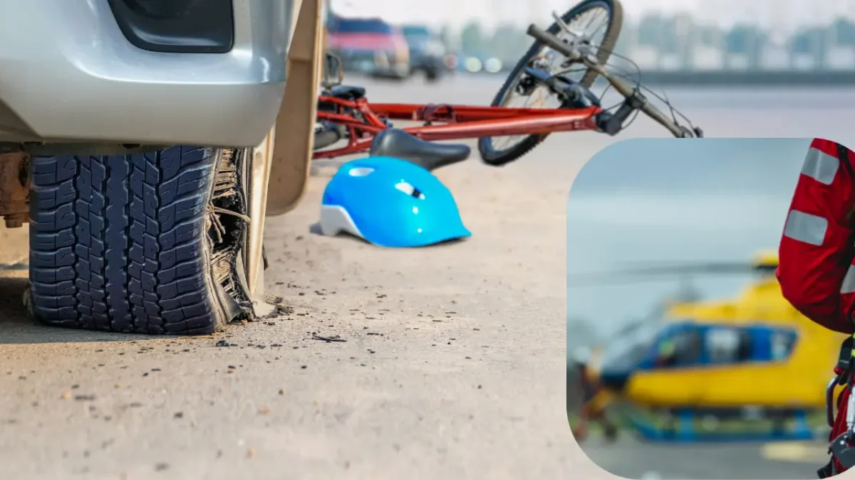 auf dem bild von 5min.at ist ein verunfalltes fahrrad zu sehen und davor ein rettungshubschrauber.