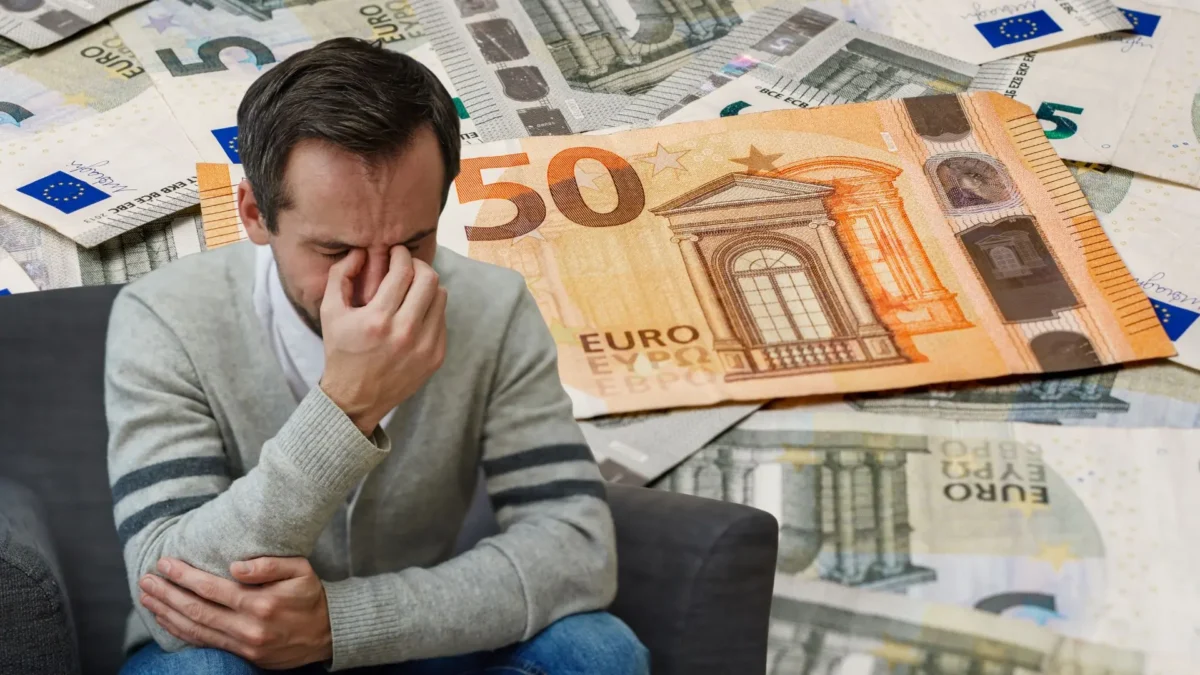 Auf dem Foto von www.5min.at sieht man einen verzweifelten Mann und Geldscheine.