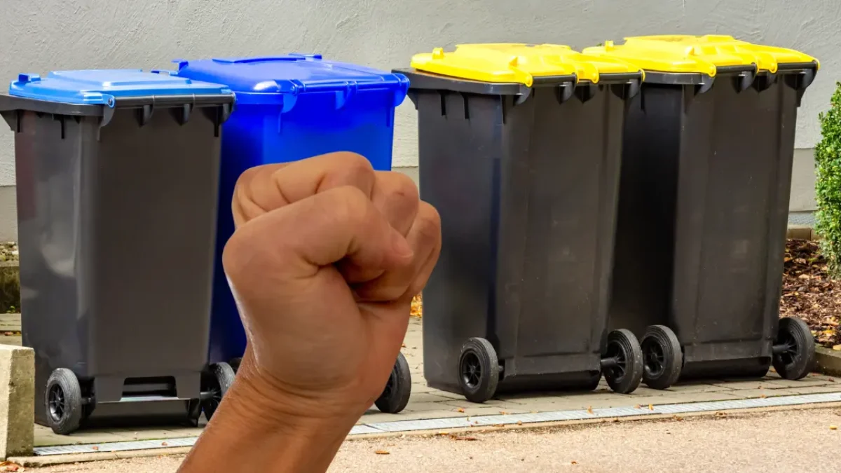 auf dem bild von 5min.at ist eine faust zu sehen, dahinter müllcontainer.