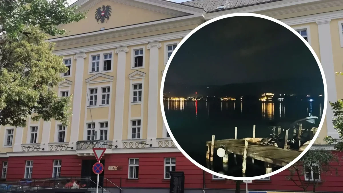 Das Bild auf 5min.at zeigt das Landesgericht Klagenfurt und einen Einsatz am Wörthersee.