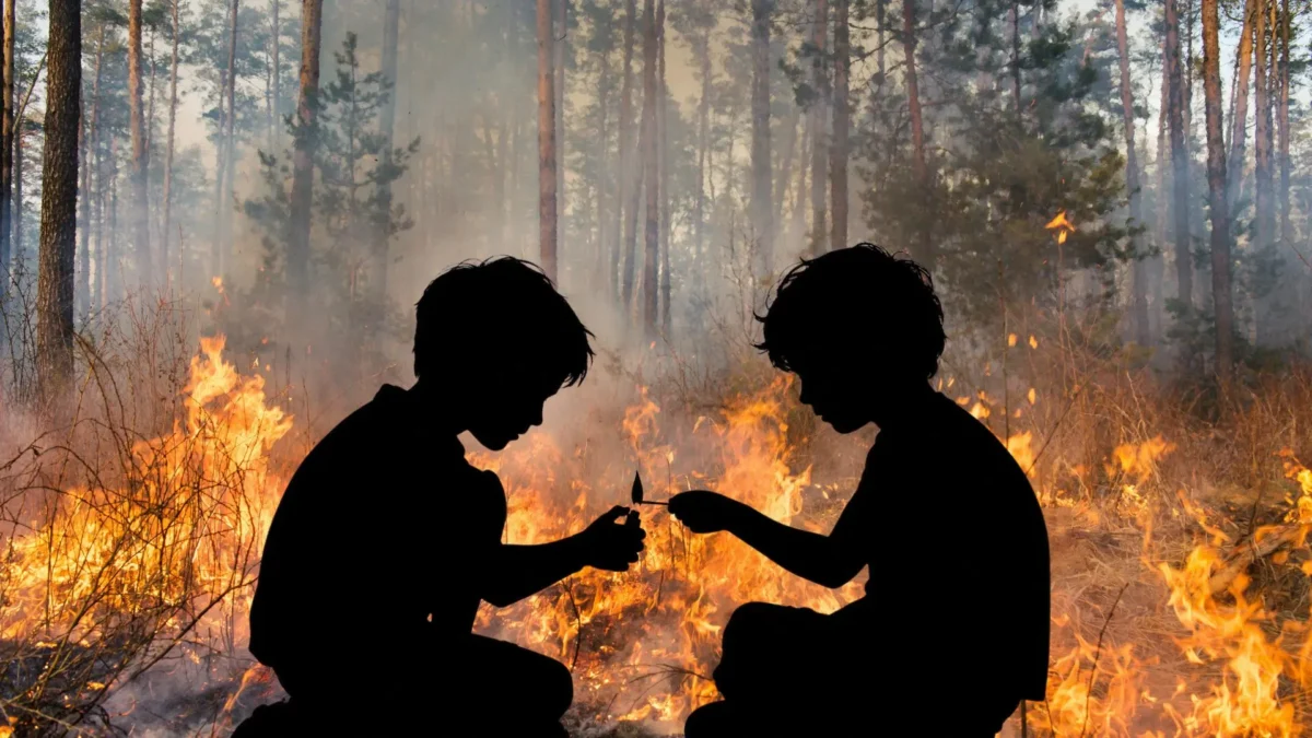 Das Bild auf 5min.at zeigt einen Waldbrand und die Silhouette von zwei Kindern mit Feuerzeug.