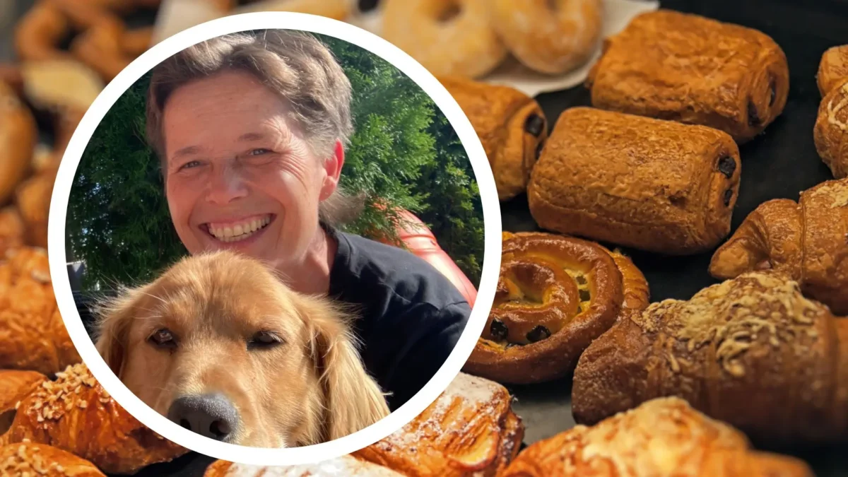 Eine Bildmontage auf 5min.at zeigt Gebäck sowie Manuela Jesch mit einem Golden Retriever.
