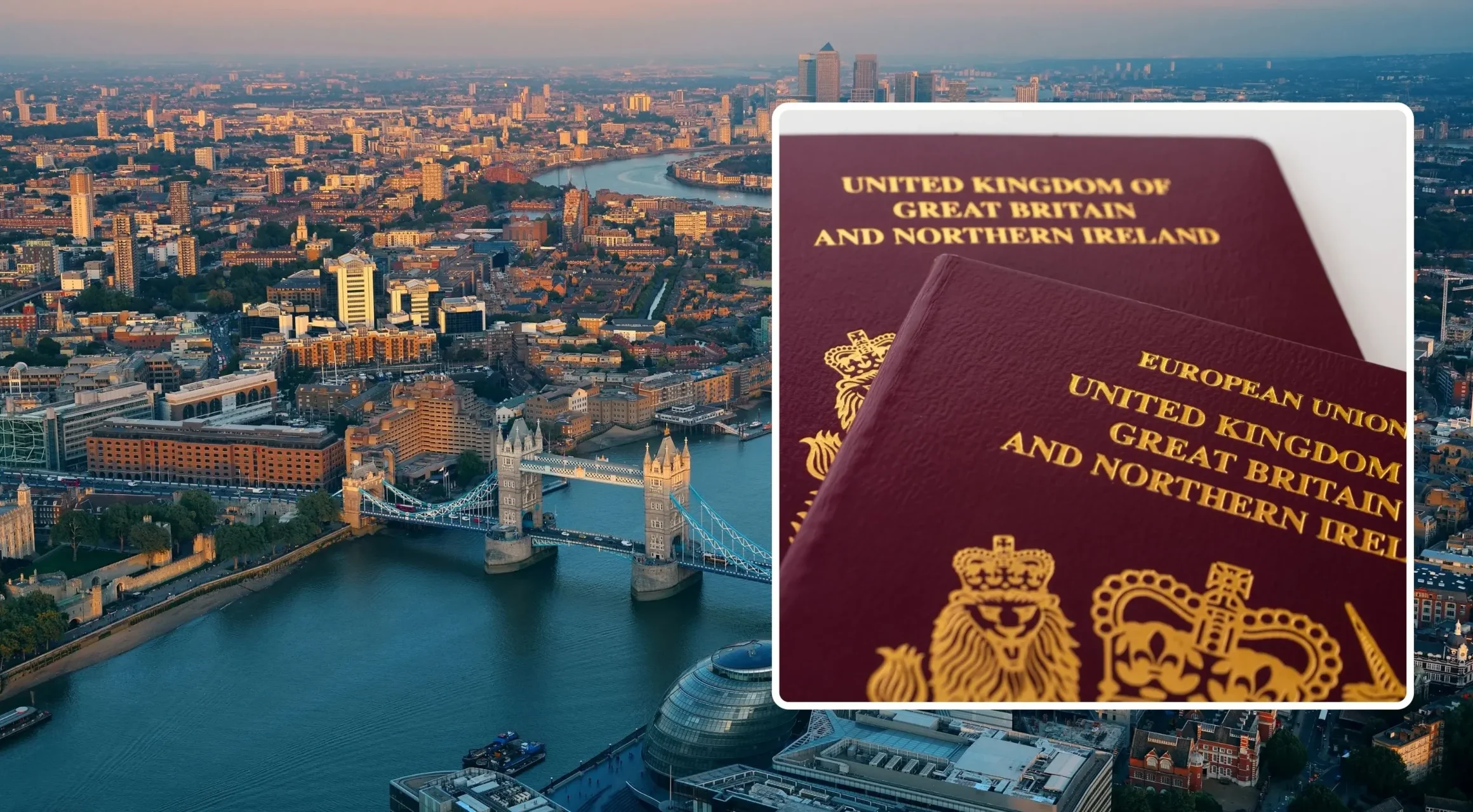 Foto in Beitrag von 5min.at zeigt den britischen Pass und London von oben.