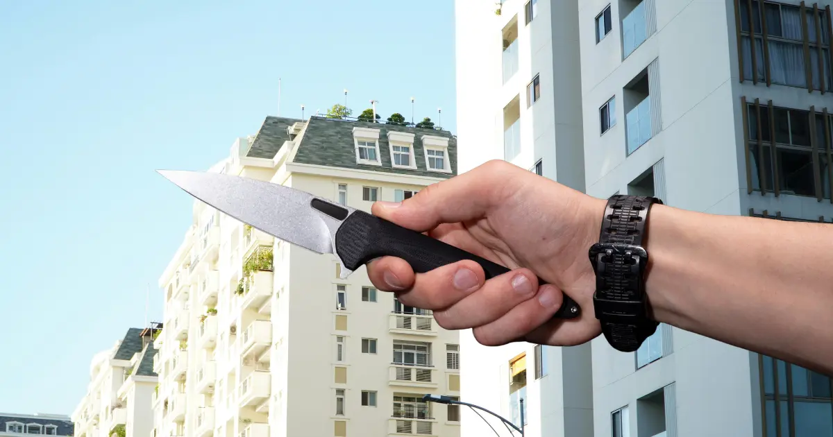auf dem bild von 5min.at sieht man einen mann mit einem messer und dahinter ein wohngebiet.
