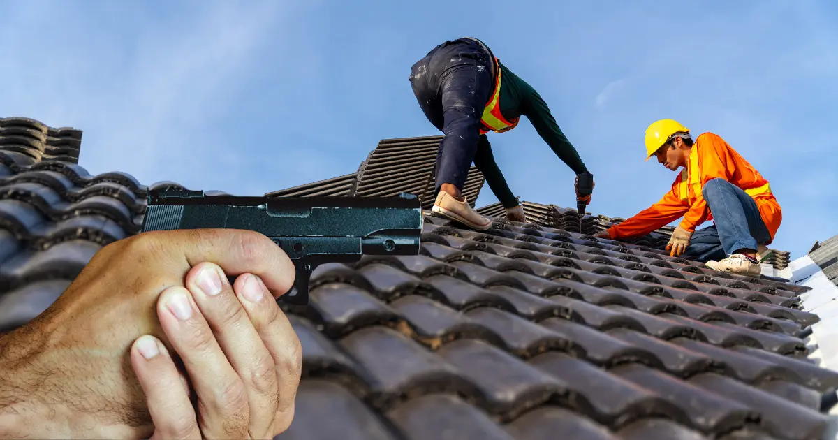auf dem bild von 5min.at sieht man einen mann mit einer pistole und zwei handwerker.